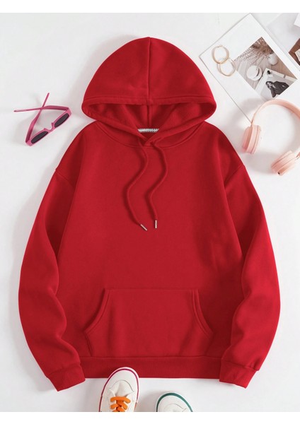Unisex Kırmızı Kapüşonlu Kanguru Cepli Sweatshirt