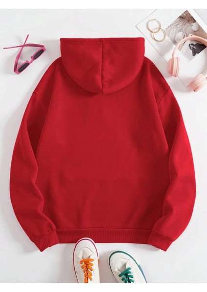 Unisex Kırmızı Kapüşonlu Kanguru Cepli Sweatshirt fiyatları
