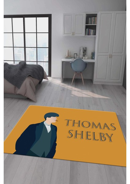 Kaymaz Taban Makinada Yıkanabilir Dijital Baskı Thomas Shelby Desenli Genç Odası Halısı Dot Taban Halı GNC23