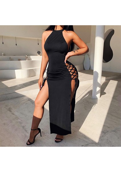 Bayan Yandan Bağlı Yırtmaçlı Siyah Elbise