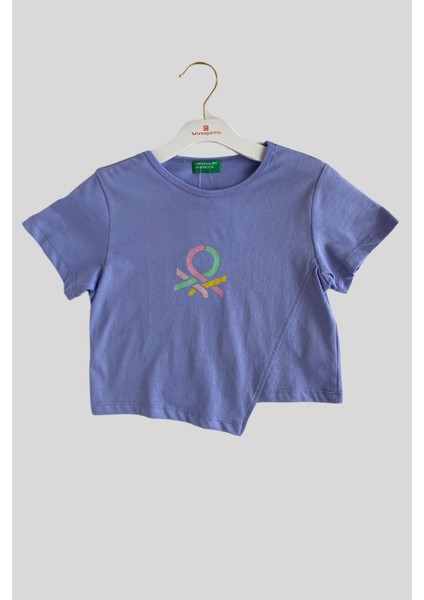 4-14 Yaş Benetton Sim Baskı Asimetrik Detay Kız Çocuk T-Shirt Lila
