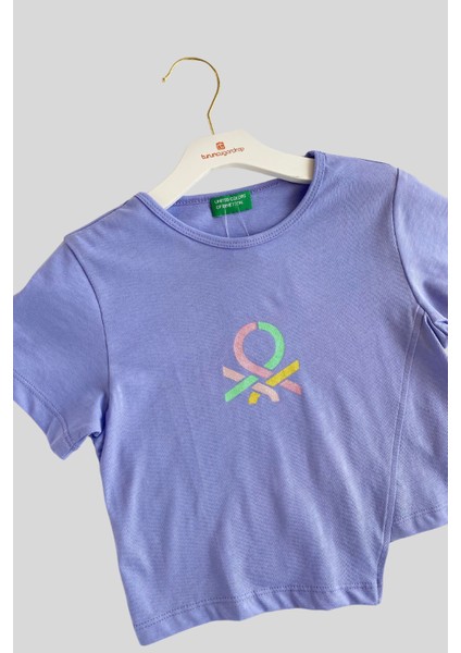 4-14 Yaş Benetton Sim Baskı Asimetrik Detay Kız Çocuk T-Shirt Lila fiyatları