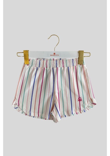 4-14 Yaş Benetton Çizgi Detay Kız Çocuk Şort Beyaz