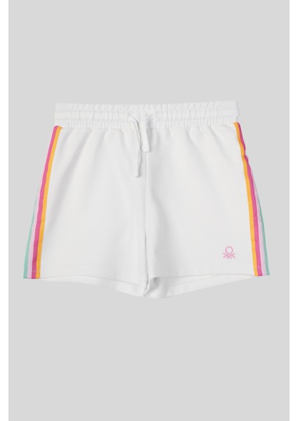 4-14 Yaş Benetton Yanları Şeritli Kız Çocuk Şort Beyaz