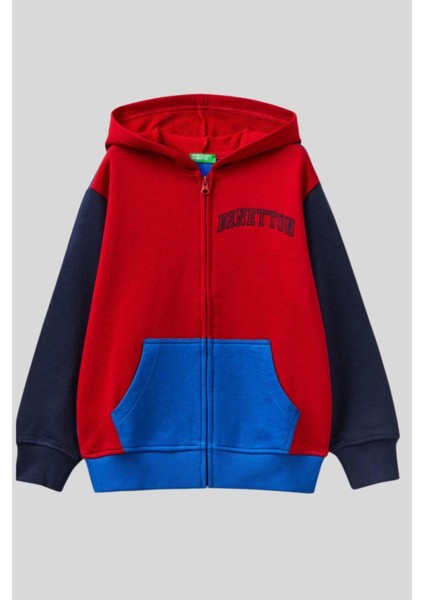 6-14 Yaş Benetton Kapüşonlu Fermuarlı Erkek Çocuk Sweat Kırmızı