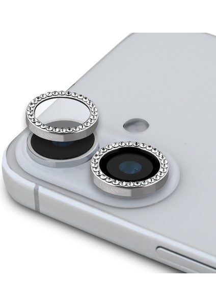 Apple iPhone 16 Plus Guess Lisanslı Rhinestone Taşlı Kamera Lens Koruyucu Gümüş