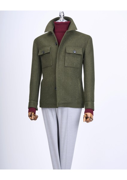 Italyan Stil Slim Fit Mevsimlik Kaşe Erkek Mont Yeşil T13520