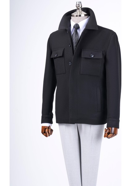 Italyan Stil Slim Fit Mevsimlik Kaşe Erkek Mont Siyah T13518