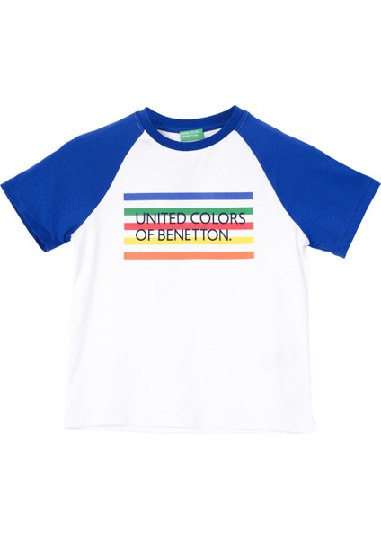 4-14 Yaş Benetton Bisiklet Yaka Logo Baskılı Erkek Çocuk Tshirt Beyaz