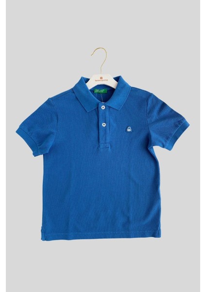 6-14 Yaş Benetton Erkek Çocuk Mavi Logolu Pike Polo T-Shirt