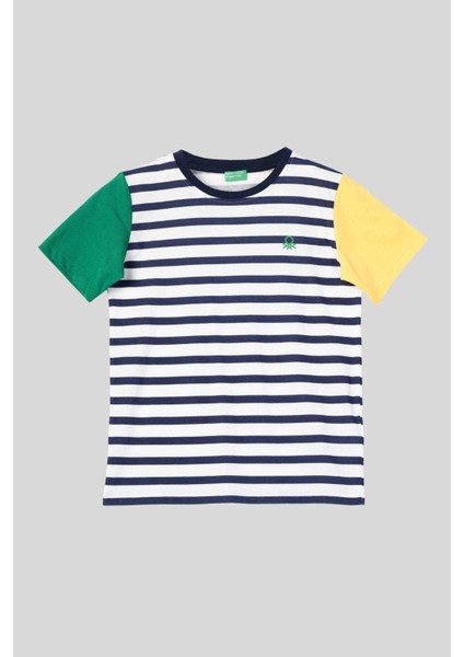 4-14 Yaş Benetton Bisiklet Yaka Çizgili Erkek Çocuk Tshirt Lacivert