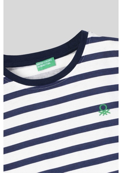 4-14 Yaş Benetton Bisiklet Yaka Çizgili Erkek Çocuk Tshirt Lacivert fiyatları
