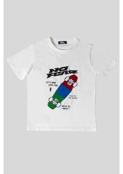 6-14 Yaş No Fear Kaykay Payetli Erkek Çocuk T-Shirt Beyaz