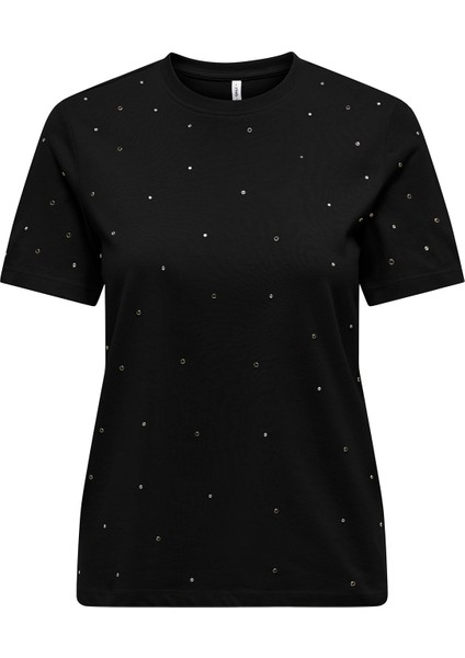 Kadın Onlglobe Taş Detaylı Sıfır Yaka %100 Pamuk T-Shirt 15342984 Siyah