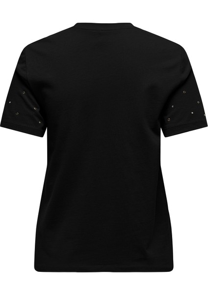 Kadın Onlglobe Taş Detaylı Sıfır Yaka %100 Pamuk T-Shirt 15342984 Siyah