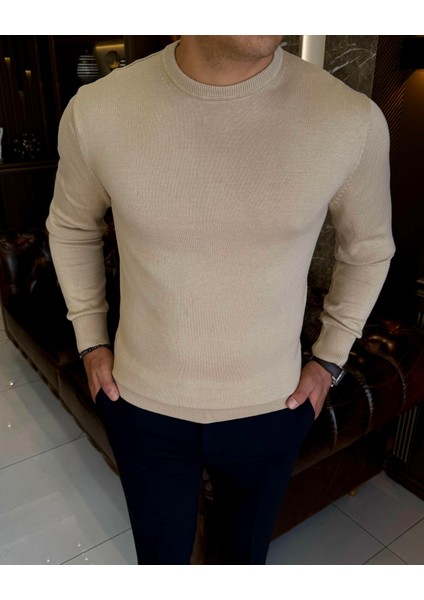 Italyan Stil Slim Fit Erkek Bisiklet Yaka Triko Kazak Camel T13133