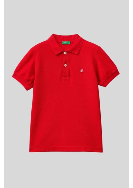 6-14 Yaş Benetton Erkek Çocuk Kırmızı Logolu Pike Polo T-Shirt