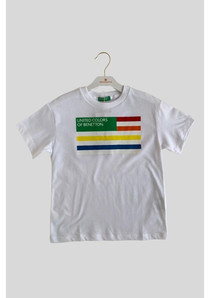 6-14 Yaş Benetton Renk Şeritli Yazı Baskı Erkek Çocuk Tişört