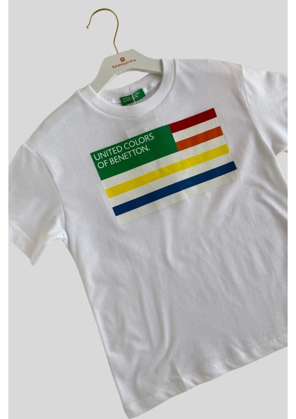 6-14 Yaş Benetton Renk Şeritli Yazı Baskı Erkek Çocuk Tişört modelleri