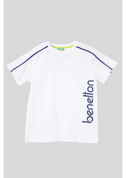 4-14 Yaş Benetton Biye Detay Erkek Çocuk Tshirt Beyaz
