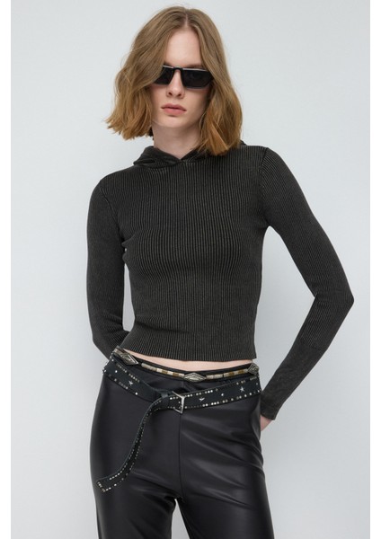 Soluk Efekt Fitilli Kumaştan Kapüşonlu Basic Sweatshirt