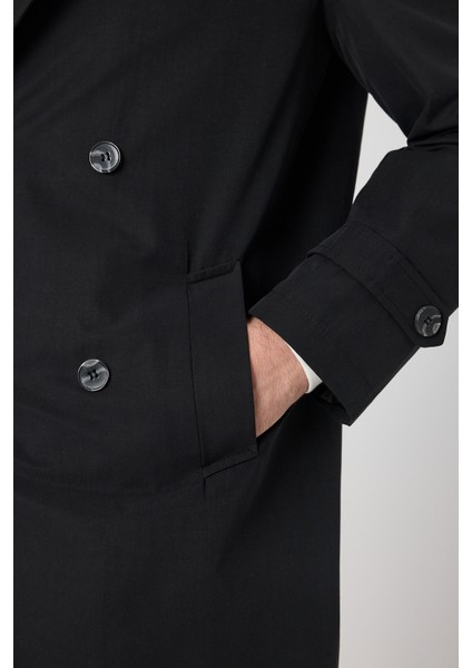 Madrid Erkek Siyah Kruvaze Yaka Slim Fit Pamuk Karışımlı Trençkot modelleri