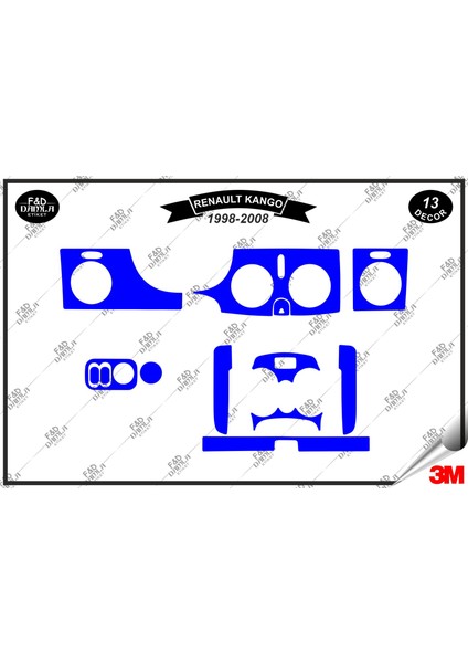 Renault Kango 1998 -2008 Torpido Konsol Trim Göğüs Maun Kaplama Set 13 Parça Mavi Renk