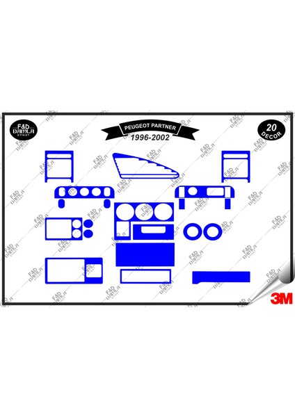 Peugeot Partner 1996-2002 Torpido Konsol Trim Göğüs Maun Kaplama Set 20 Parça Mavi Renk
