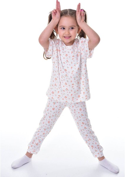 %100 Pamuk Interlok Kumaş Çiçek Desenli Kısa Kollu Kız Çocuk Pijama Takımı (3,4,5,6,7,8 Yaş)
