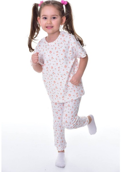 %100 Pamuk Interlok Kumaş Çiçek Desenli Kısa Kollu Kız Çocuk Pijama Takımı (3,4,5,6,7,8 Yaş)