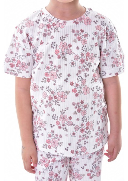 %100 Pamuk Interlok Kumaş Çiçek Desenli Kısa Kollu Kız Çocuk Pijama Takımı (3,4,5,6,7,8 Yaş) fırsatları