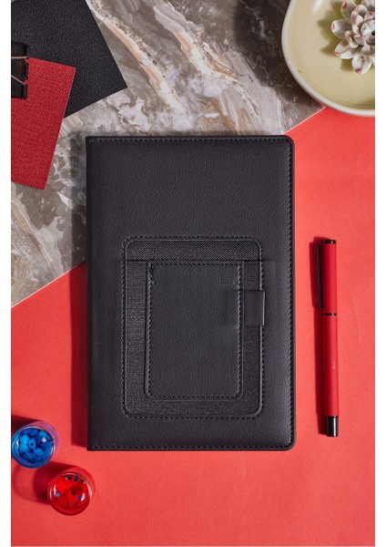 Siyah Kanguru Cepli Kumaş Kişiye Özel Çizgili Düz Defter