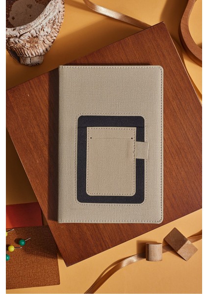 Krem Kanguru Cepli Kumaş Kişiye Özel Çizgili Düz Defter