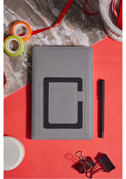 Gri Kanguru Cepli Kumaş Kişiye Özel Çizgili Düz Defter