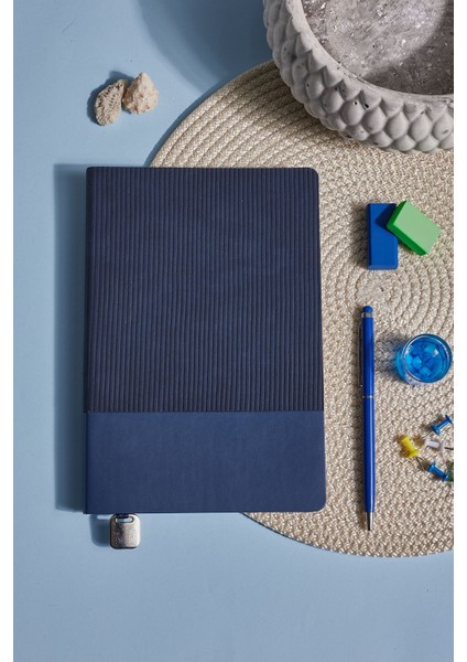 Lacivert Termo Deri Kadife Dokunuş Kişiye Özel Çizgili Düz Defter