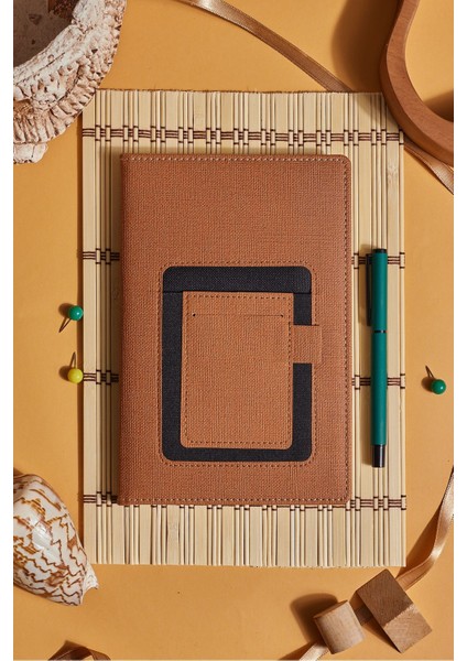 Kahverengi Kanguru Cepli Kumaş Kişiye Özel Çizgili Düz Defter