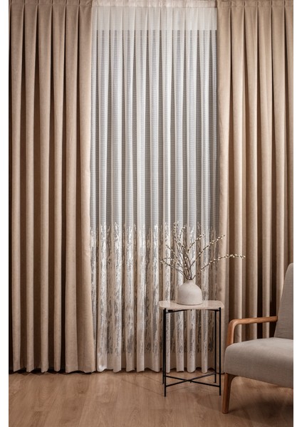 Kullanıma Hazır Bej Rengi Sık Pile 1 x 3 Dikim Fon Perde Tek Kanat 12490