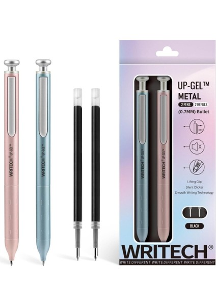 Metal Gövdeli 2'li Jel Kalem Seti - 0.7 mm Uc + 2 Yedek Mürekkep Kapsülü (Mavi Mürekkep)