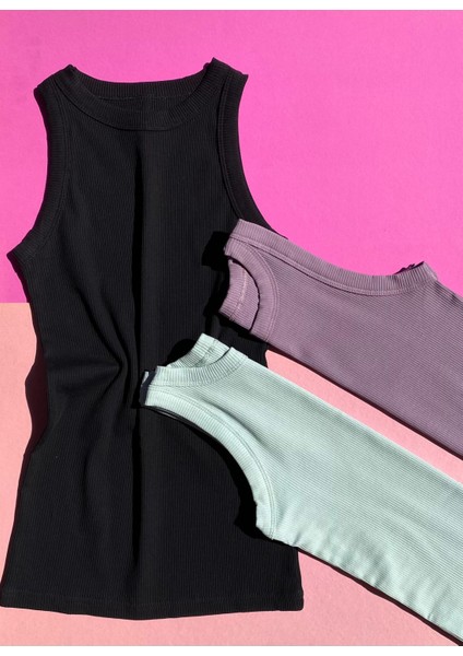 Halter Yaka Pamuklu 3'lü Gül Kurusu, Siyah ve Çağla Yeşili Gömlek Altı Kadın Kaşkorse Atlet