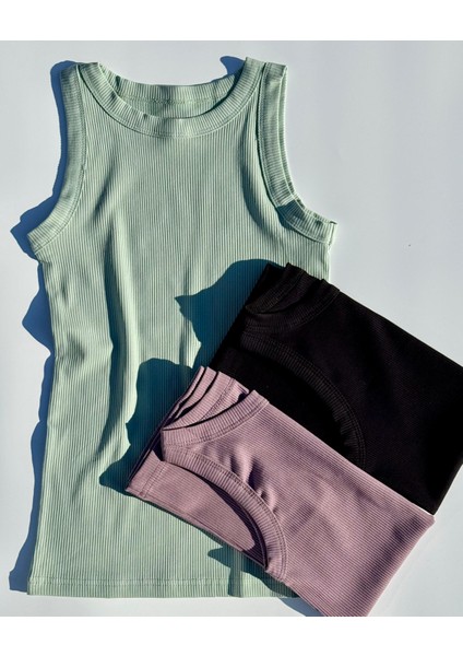 Halter Yaka 3'lü Çağla Yeşili ,siyah ve Patlıca Kurusu Mor Renk Pamuklu Likralı Bluz
