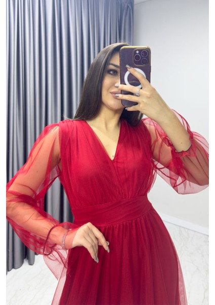 Kadın V Yaka Astarlı Tül Abiye Elbise Beyaz, Kırmızı, Siyah, Beyaz, Leopar modelleri