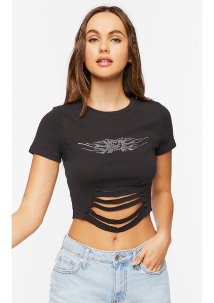 Rhinestone Grafik Kısa Tişört