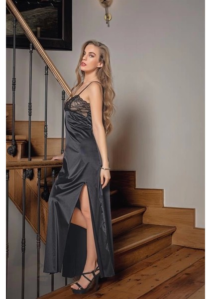 Dantelli Uzun Yırbrfaçlı Saten Gecelik Elbise String Takım Siyah (BRF31512)