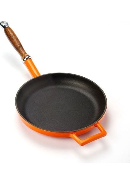 Döküm Yuvarlak Kızartma Tavası ÇAP(Ø)24CM Döküm Demir Ahşap Saplı. - Turuncu