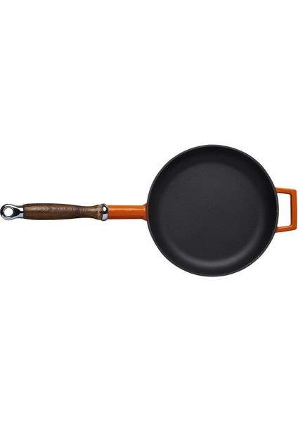Döküm Yuvarlak Kızartma Tavası ÇAP(Ø)24CM Döküm Demir Ahşap Saplı. - Turuncu