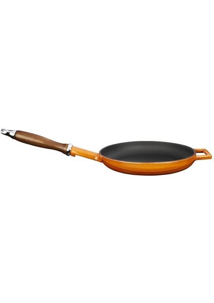 Döküm Yuvarlak Kızartma Tavası ÇAP(Ø)24CM Döküm Demir Ahşap Saplı. - Turuncu