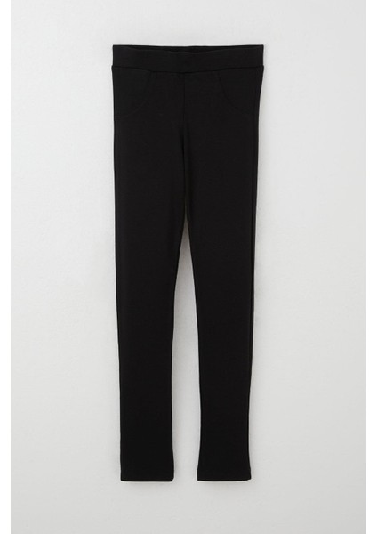 Kız Çocuk Tayt Cep Kısmı Kontrast Dikiş Detaylı 7-12 Yaş, Siyah