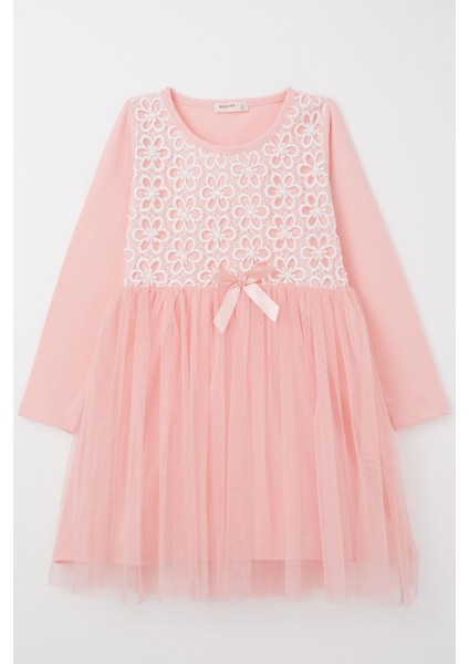 Kız Çocuk Uzun Elbise Çiçek Güpür Nakışlı 4-8 Yaş, Pembe
