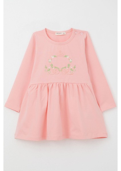 Kız Çocuk Uzun Kollu Elbise Renkli Çiçek Nakışlı 1.5-5 Yaş, Pembe