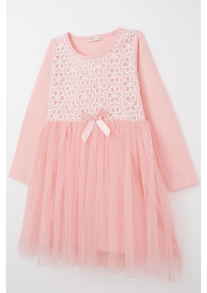 Kız Çocuk Uzun Elbise Çiçek Güpür Nakışlı 4-8 Yaş, Pembe modelleri
